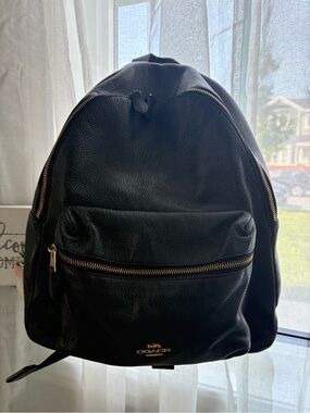 Coach Black Leather Backpack with Gold Hardware Accents